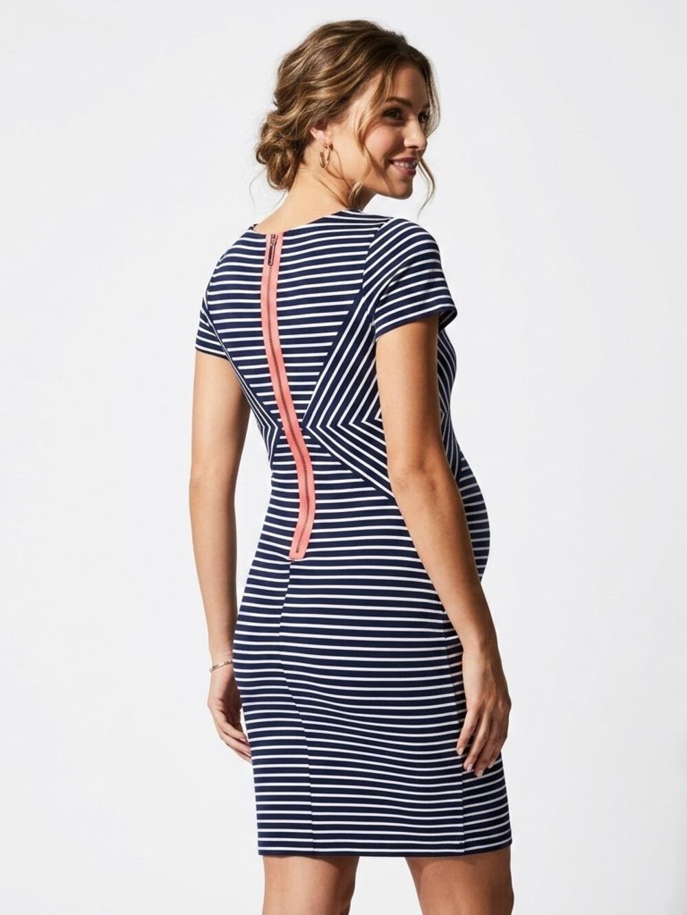 Jessica Simpson Nautical Maternity Bodycon Dress Navy White Striped Coral Zip L